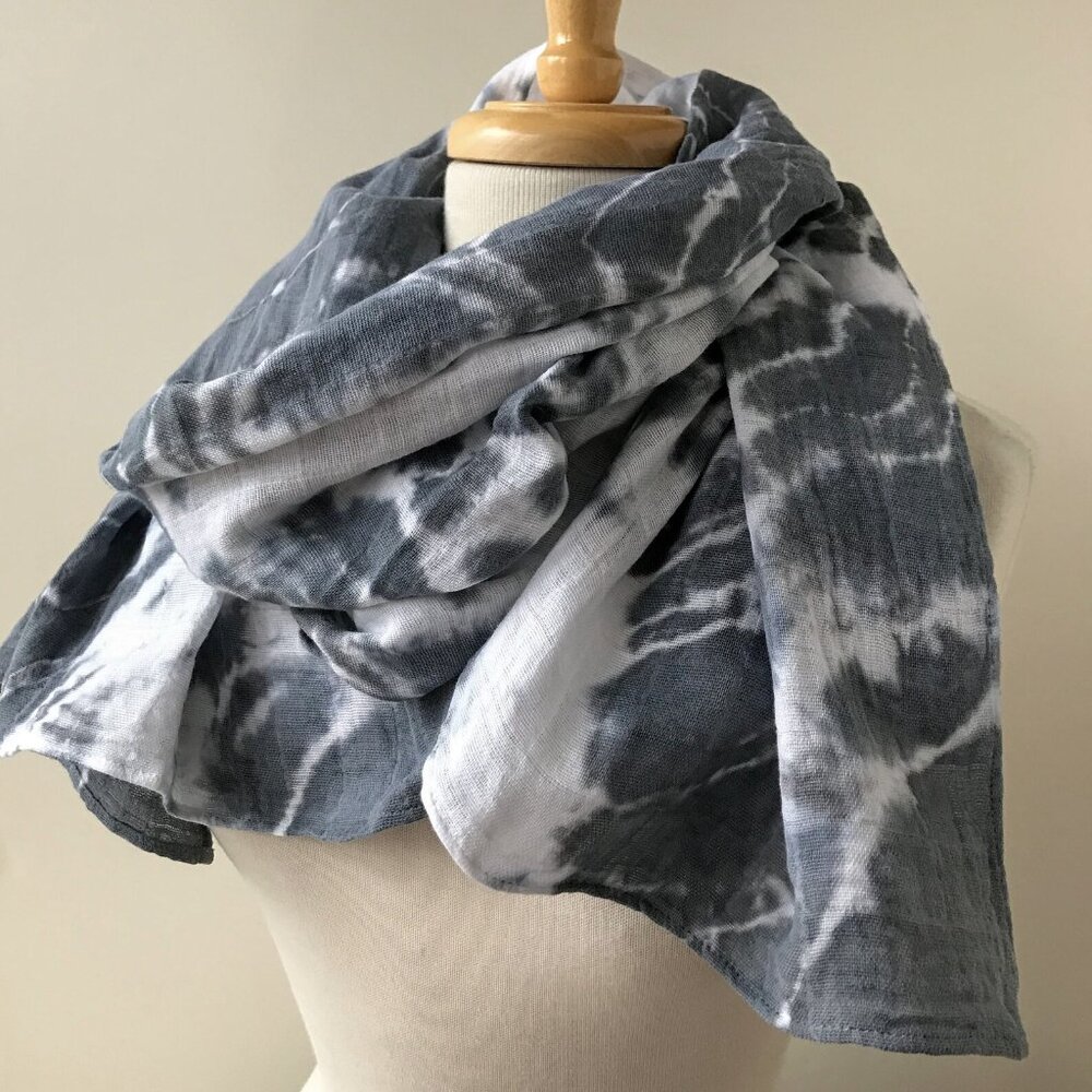 Oversized Cotton Gauze Hand Dyed Shibori Scarf: Charcoal Gray & Indigo Blue